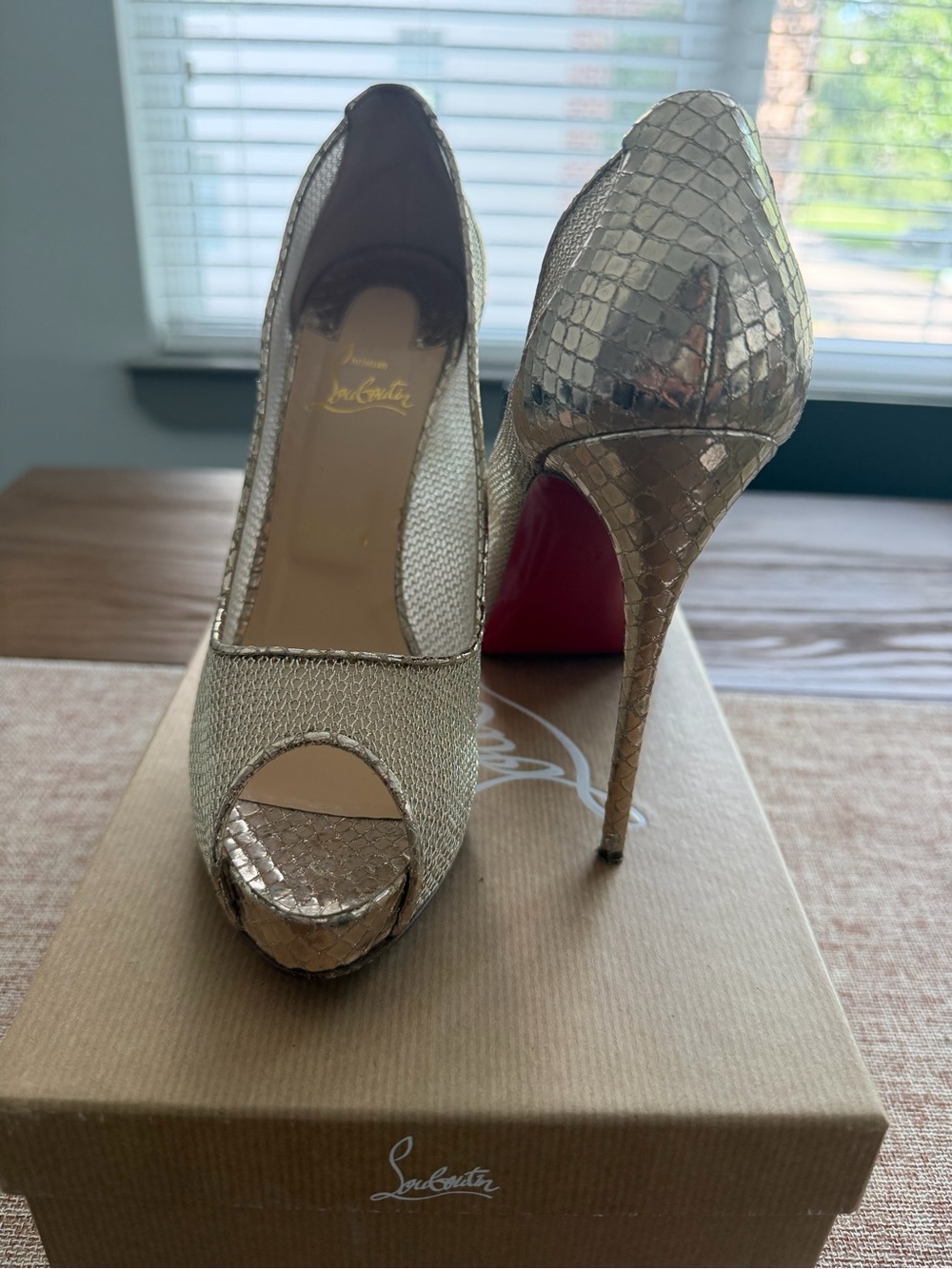 Christian Louboutin Metallic Gold Peep-Toe Snake-Embossed Pumps